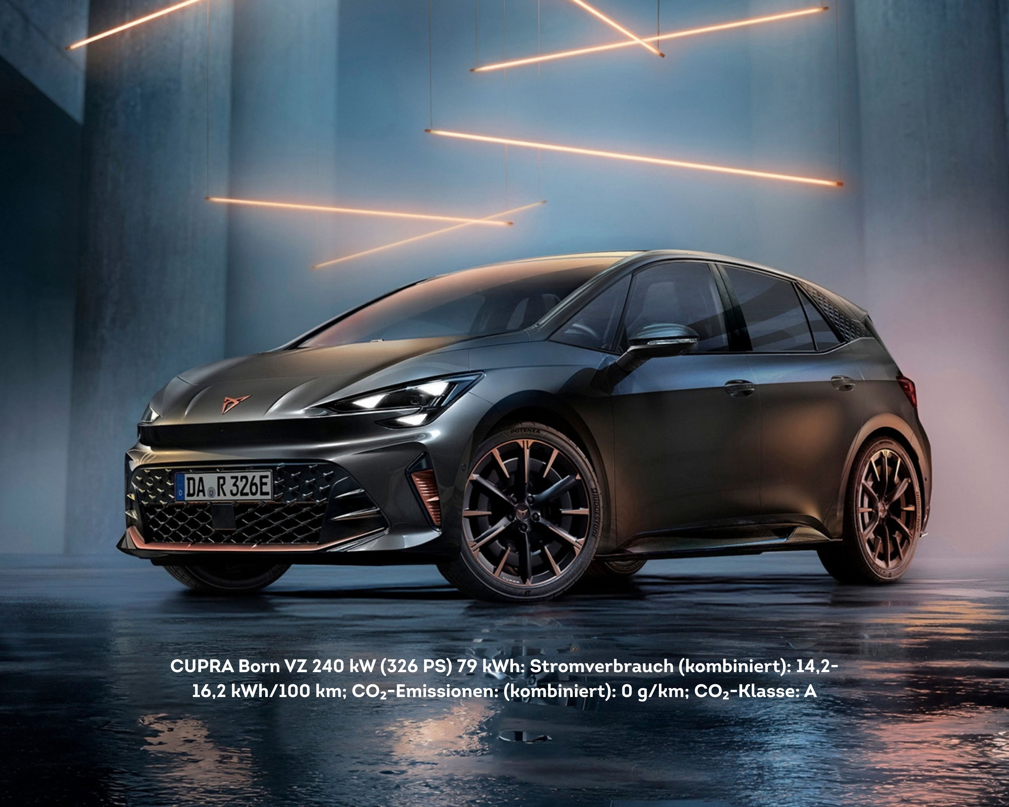 CUPRA Born VZ 240 kW (326 PS) 79 kWh: Stromverbrauch (kombiniert): 14,2-16,2 kWh/100 km; CO₂-Emissionen: (kombiniert): 0 g/km; CO₂-Klasse: A