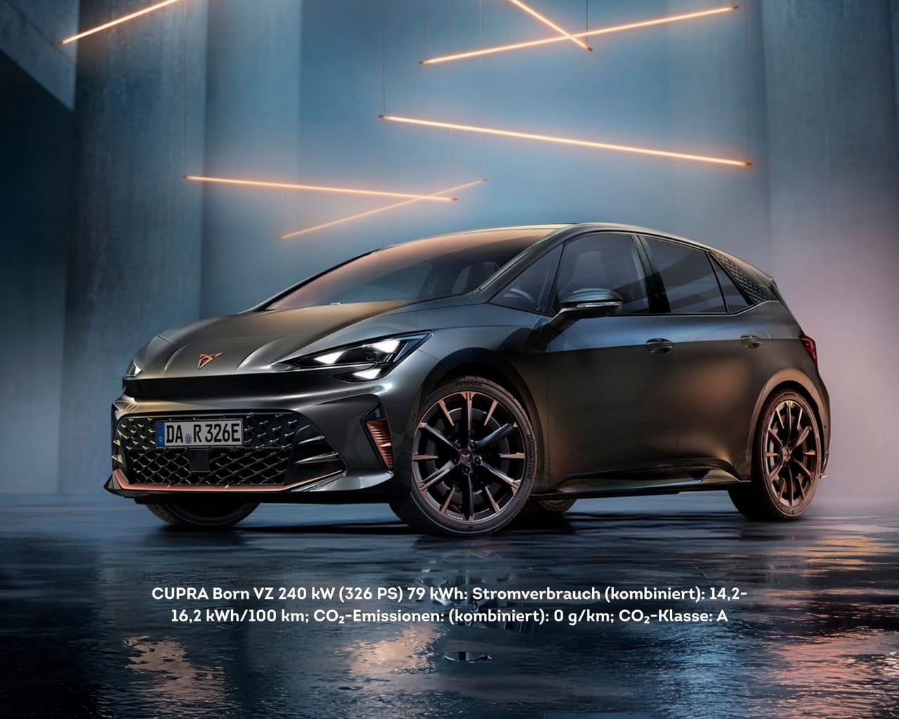 CUPRA Born VZ 240 kW (326 PS) 79 kWh: Stromverbrauch (kombiniert): 14,2-16,2 kWh/100 km; CO₂-Emissionen: (kombiniert): 0 g/km; CO₂-Klasse: A