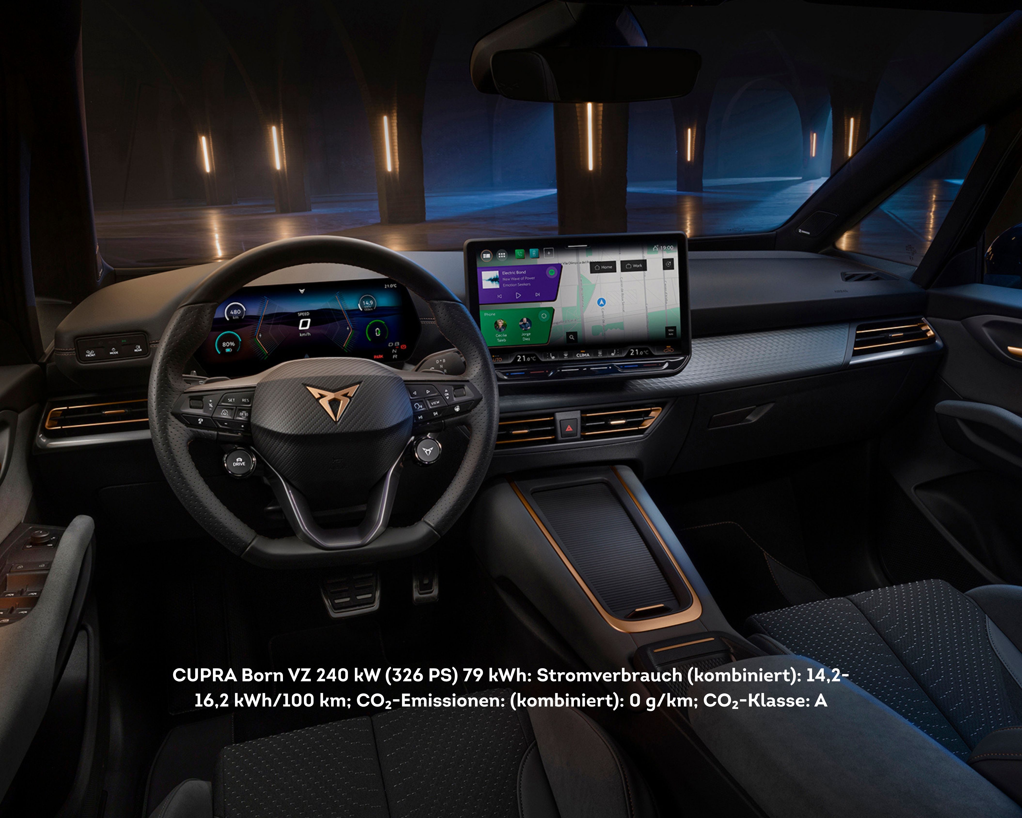 CUPRA Born VZ 240 kW (326 PS) 79 kWh: Stromverbrauch (kombiniert): 14,2-16,2 kWh/100 km; CO₂-Emissionen: (kombiniert): 0 g/km; CO₂-Klasse: A